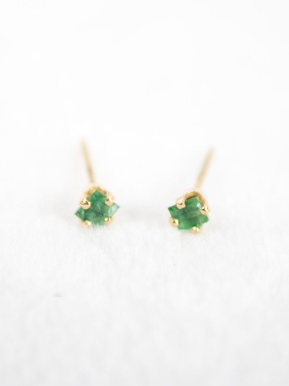Raw Natural Emerald Stud Earrings Rough Cut Organic Stone 6 Prong Gold Minimal